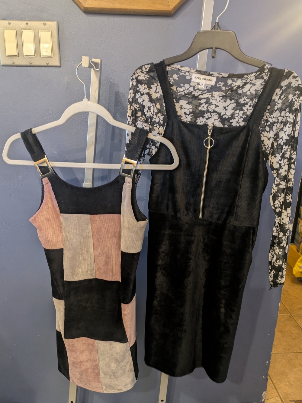 2 Girls Sz 10 Corduroy Pinafore Style Dresses Colorblock, 2 Pc Black & White Set